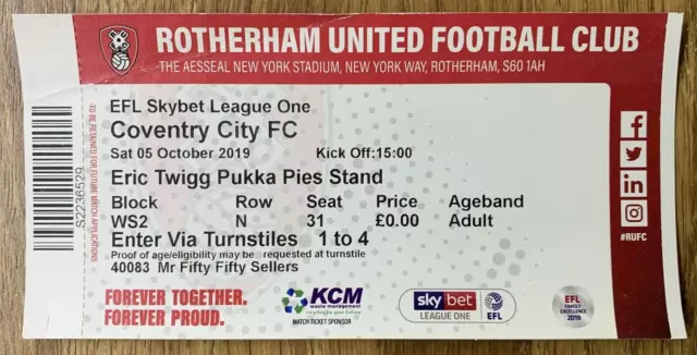 ROTHERHAM UTD v COVENTRY CITY TICKET - 05/10/19 - LEAGUE 1