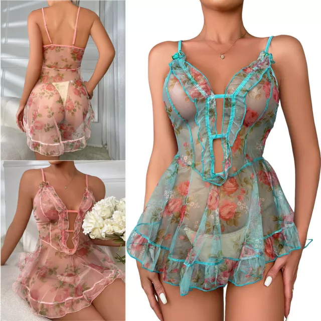 Damen Frau Spitze Babydoll Dessous Lingerie Nachthemd Sexy Nachtwäsche Negligee