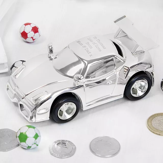 Personalised Silver Plated Sports Racing Car Money Box Engraved Christening Gift
