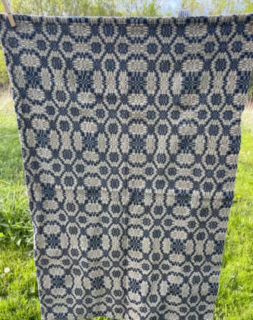 Primitive Colonial Coverlet Curtain Panel Blue White Use Upcycle Crafts Table