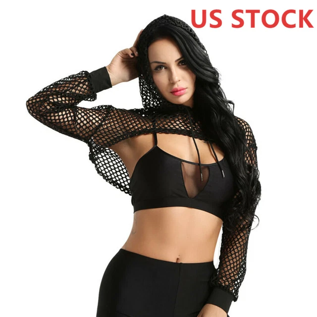 Womens Crop Top Sexy Sheer Mesh See Through Tee Club T