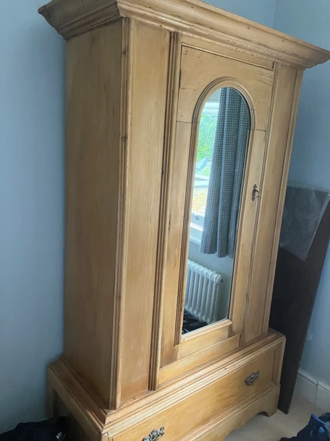 Antique Single Pine Wardrobe with drawer and mirror