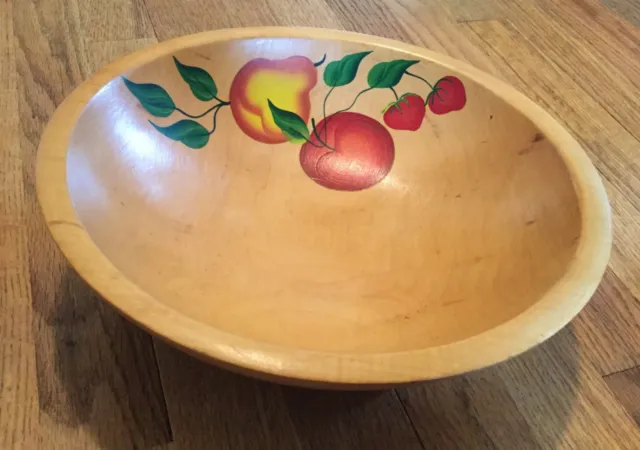 Vintage Farmhouse Hand Painted Footed Wooden Bowl Fruit Motif