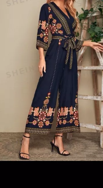 EMERY ROSE Navy Floral Embroidered  Belted Jumpsuit Size XXL UK 16 18