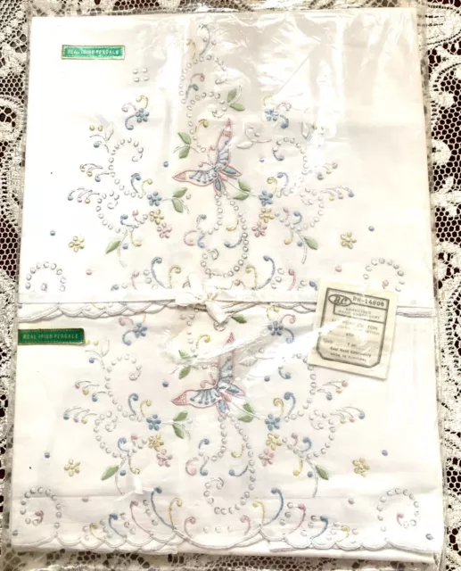 NOS Irish Percale Hand Embroidered Portugal 2 Pillowcases Butterflies Flowers