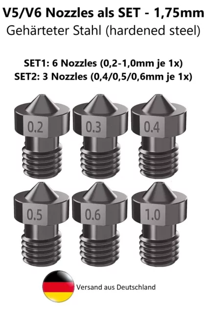 V5 V6 Düse Nozzle SET | 1,75mm | Gehärteter Stahl | 3er/6er SET! | 0,2 - 1,0mm