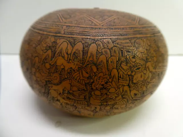 Vintage Carved Peruvian Inscribed Gourd Decorative South American Tribal Art