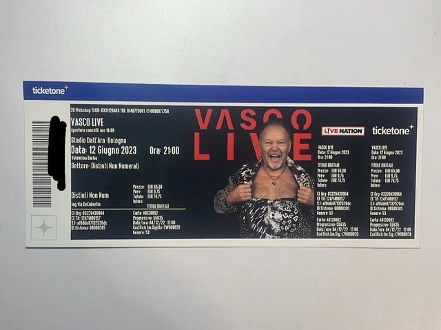 1x Biglietto Concerto Vasco Rossi Bologna Lunedì 12/06/2023 Stadio Dall'Ara