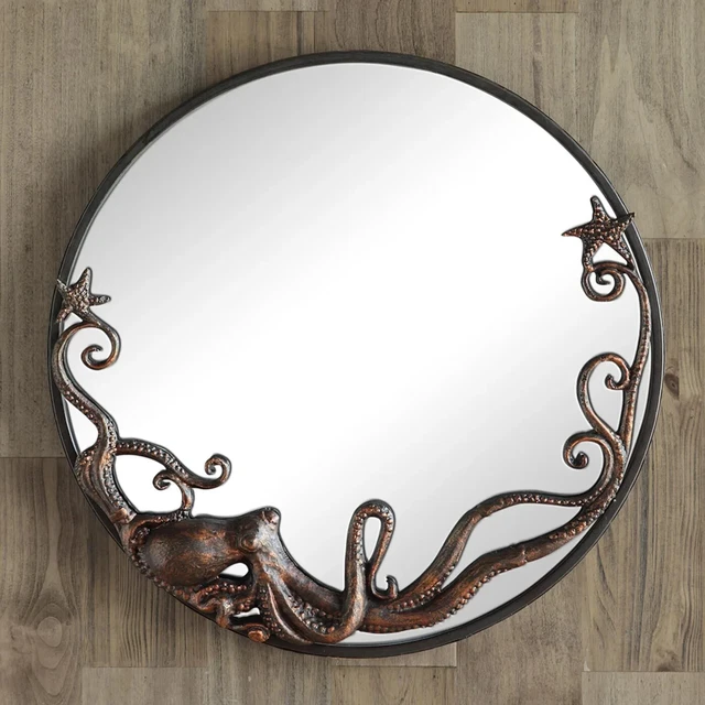 Cast Iron And Glass Multicolored Coastal Theme Octopus Round Wall Mirror