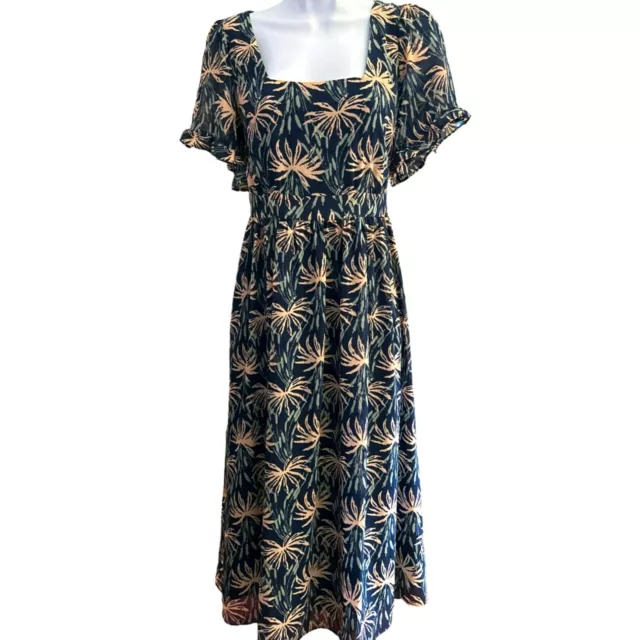 Madewell Women's Tropical Print Midi Dress Size Medium Oasis Palms Ruffle Sleeve