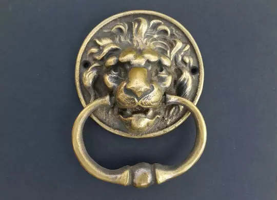 Lg. Unique Antique Vintage Style Brass Lion Head Door Knocker, Towel Ring 6" #D6