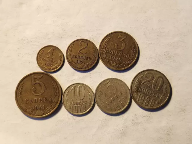 Lot Of 7 Soviet Union  Coins  1 - 2 0 Kopecks  1961-1987