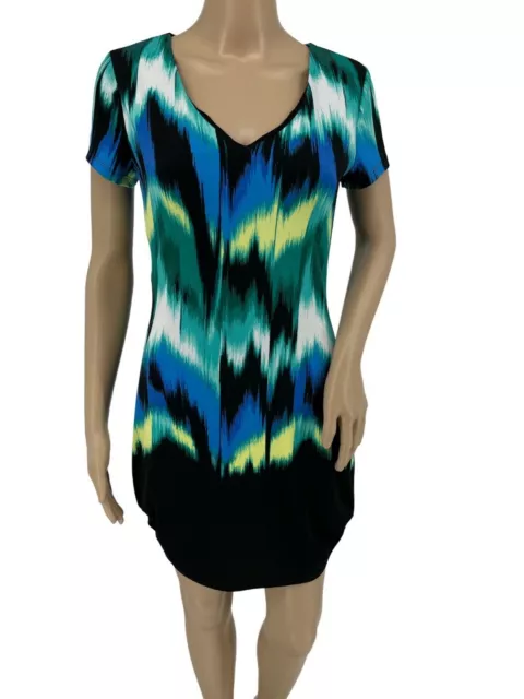 Jennifer Lopez sheath dress small short sleeve V neck stretchy blue green ruched