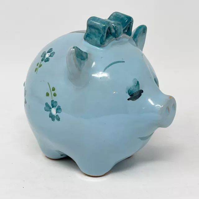 Vintage Piggy Bank Ceramic Blue Flowers Hand painted Cork Stopper Signed Girl
