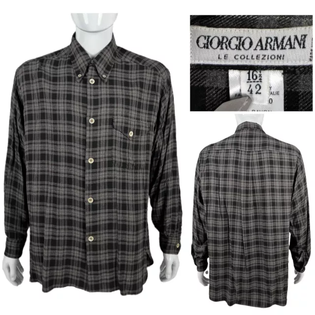 Giorgio Armani Le Collezioni Mens 16.5 / 42 Shirt Plaids Rayon Made Italy EUC