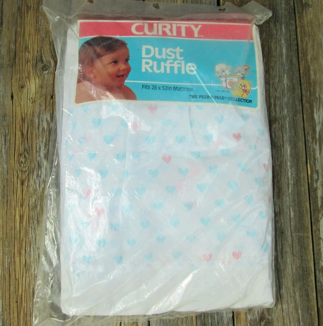 Vintage NEW Curity Baby Crib Bed Dust Ruffle Peek-A-Pals USA 1988 Hearts Blue