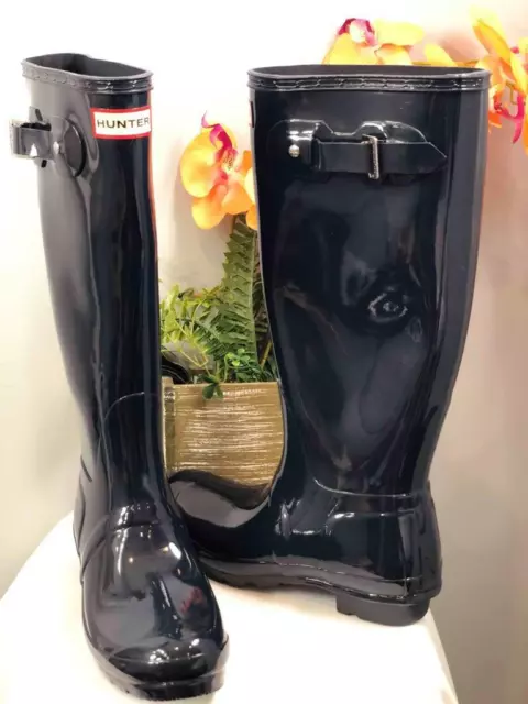 HUNTER Women Original Glossy Dark Navy Blue Rubber Tall Rain Boots US 7/ EU 38