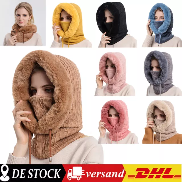 Damen Thermo Mütze Wintermütze Schal Kapuzen Kunstpelz Dicke Strickmütze Masken`