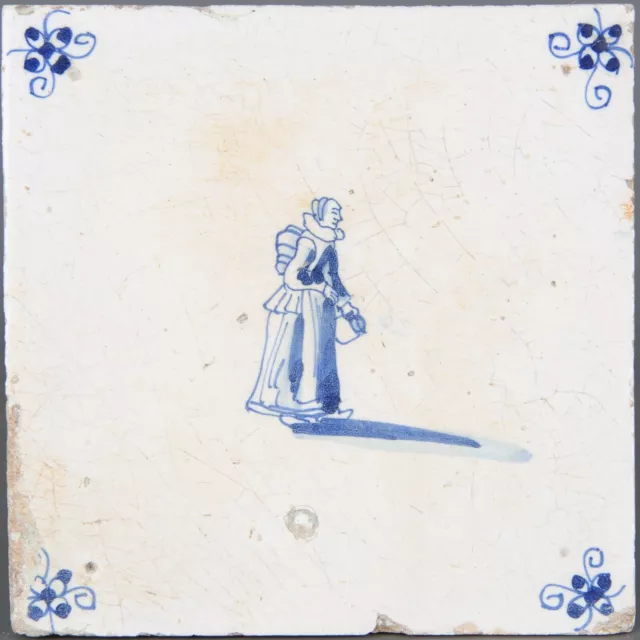 Nice Dutch Delft Blue tile, lady, second half 17th century.