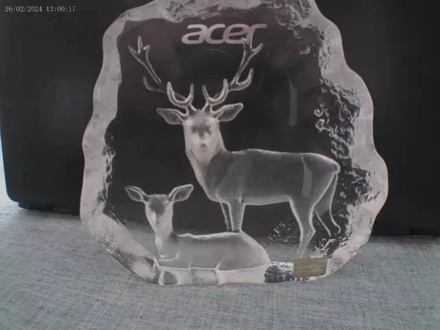 Mats Jonasson Sweden; Stunning Lead Crystal Stag & Deer Ice Sculpture, signed.