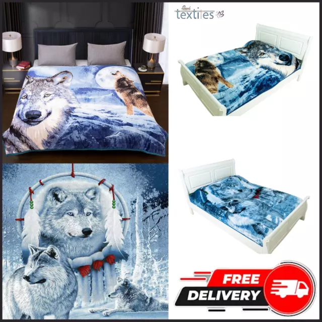 Loups 3D Animal Imprimé Effet Mink Fausse Fourrure Couverture Polaire Doux Chaud