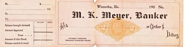 REVENUE CHECK from 1ST BANK in WINNETKA ILLINOIS (NOW FNB CHICAGO) READ HISTORY!