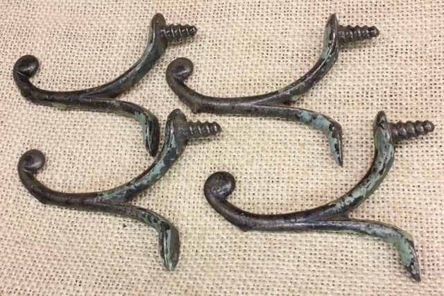 4 Old Single Coat Hooks School Farmhouse Blue Cast Iron Vintage 1850’s Screw in 3