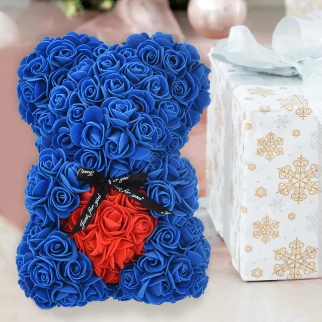 Royal BlueRose Bear Flower Teddy Doll with Box Birthday Wedding Lovers Gift Foam 3