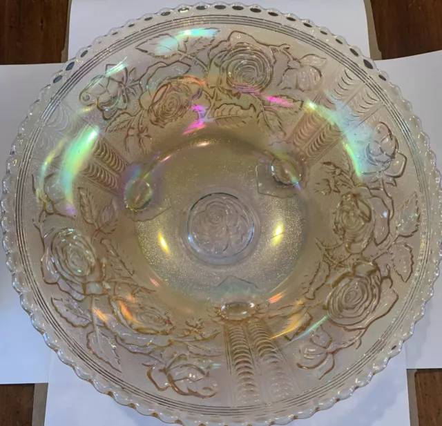 Vtg Imperial Glass Carnival Marigold Open Lustre Rose Footed 10.5” Bowl