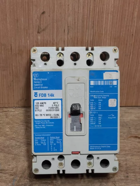 Westinghouse FDB3125 Molded Case Circuit Breaker 125A 3P 600V Series C