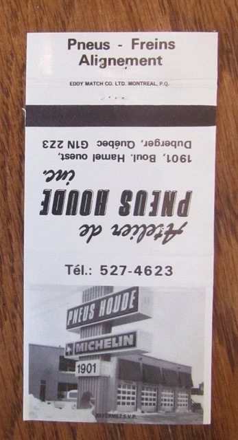 Tires Matchbook Cover: Pneus Houde Duberger, Quebec Empty Matchcover -D2