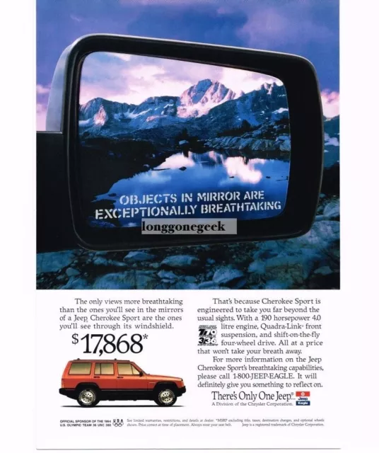 1994 Jeep Red CHEROKEE SPORT Mountains in Side-view Mirror Vintage Print Ad