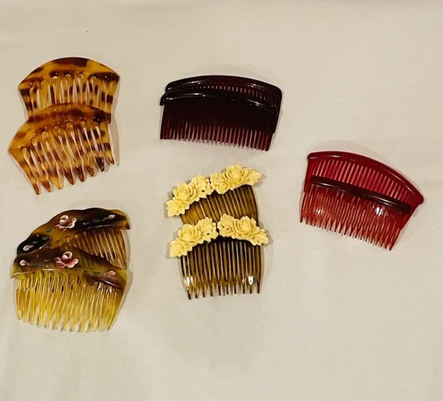 Vintage Lot of 10 Hair Combs Clips Floral Faux Tortoise Shell