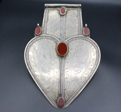 Turkmen Silver Carnelian Stone Asyk Large Heart Shape Gold Gilded Pendant, #P04