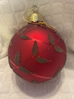 Large Blown GLASS Red W/ Beads Ball Christmas Ornament 3.75” F