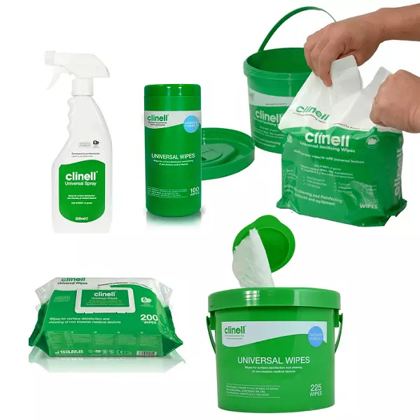 Clinell Universal Disinfectant Sanitiser - Spray, Wipes - Clean surface + hands