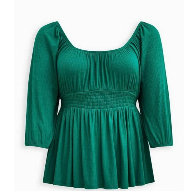Torrid Flowy Green Empire Smocked Waist Top 3/4 Sleeve Texture Jersey Size 4X
