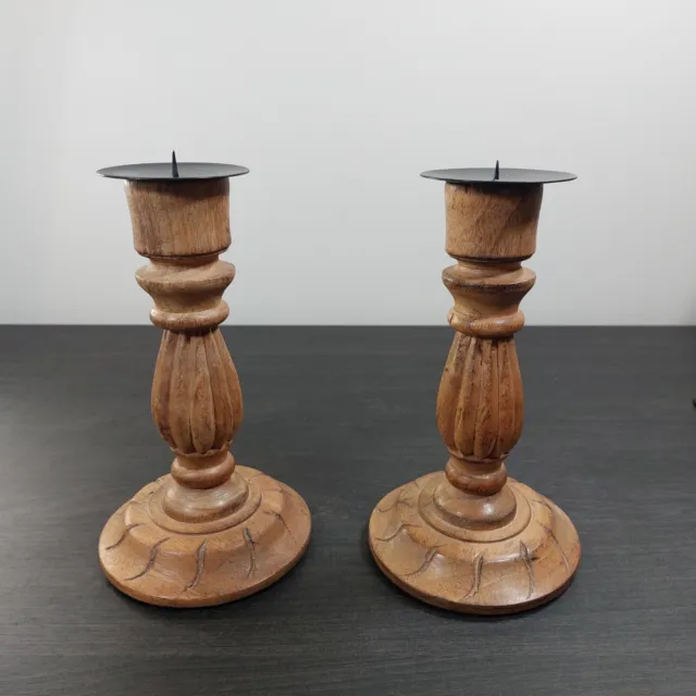 Wooden Candle Holders Pair With Pricket Spike 23cm Height Candlestick