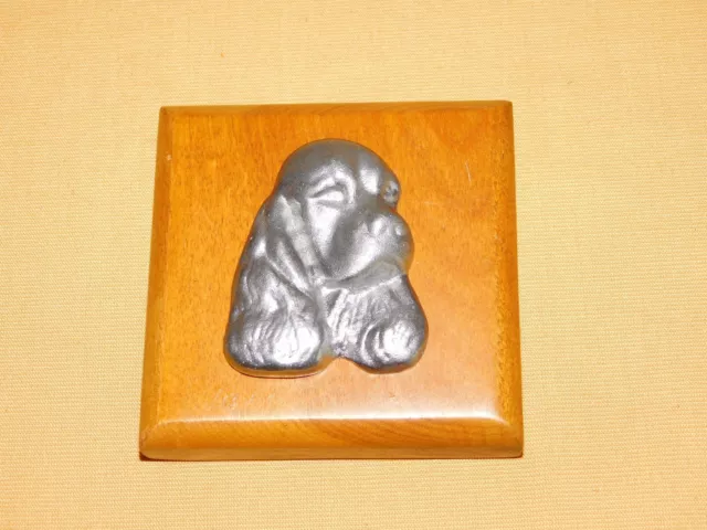 Vintage 3 1/2" X 3 1/2" Metal Puppy Dog On Wood Wall Plaque