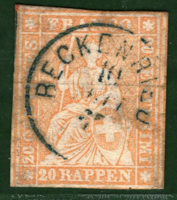 SWITZERLAND Helvetia Stamp Scott.34 20r THIN PAPER (1857) Cat $290- 2GREEN88