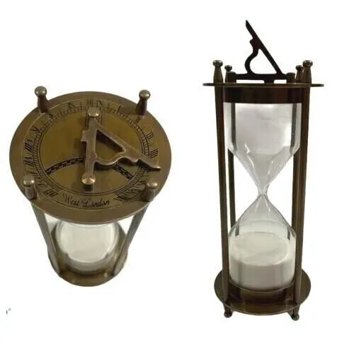 Vintage Nautical Maritime Antique Hourglass Brass Sand Timer with Sundial 6''