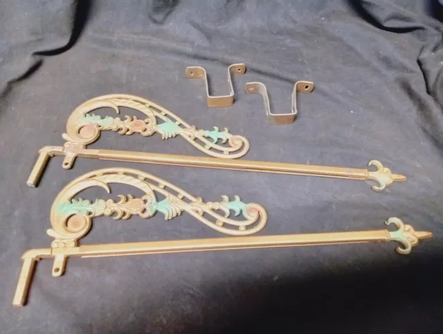 Pair of Matched Art Deco Fleur de Lis Swing Arm Curtain Rods & Brackets Complete