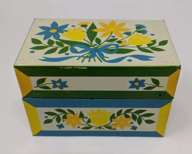1960s Tin Recipe Box Syndicate Mfg Co Floral Yellow Orange Blue Vintage