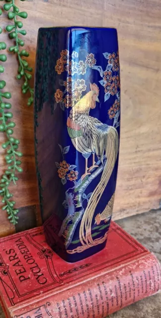 Vintage Asian Japanese Vase Porcelain Cobalt Blue Gold Peacock Hand Painted