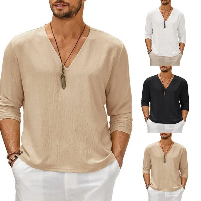 T-shirt alla moda da uomo misto cotone collo a V manica lunga casual top larghi