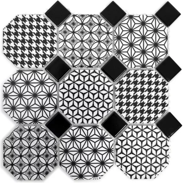 Piastrella mosaico ceramica bianca octagon MITO bianco lucido nero parete WBOcta-0301