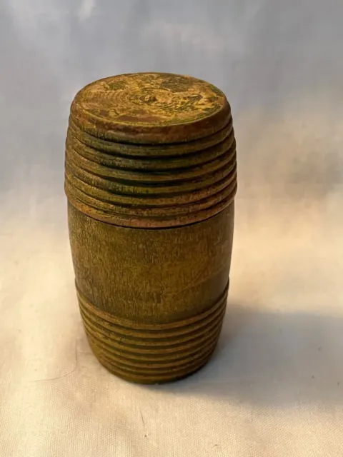 Antique Turned Wood Treen Miniature Barrel Needle Case or Pin Container