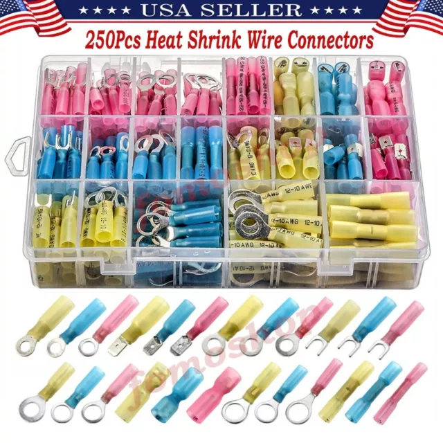 250x Heat Shrink Wire Connectors Electrical Ring Fork Spade Crimp Terminals Kit