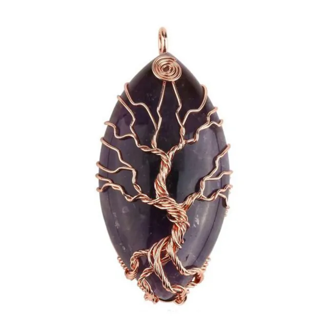 Natural Healing Crystal Stone Wire Wrapped Copper Tree of Life Chakra Pendant