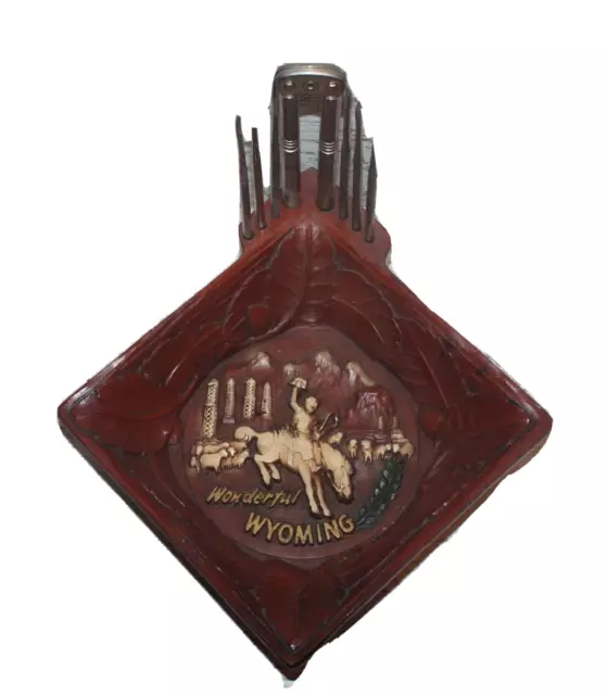 Rare Unique Vtg Walnut Nut Cracker Bowl set Picks Wyoming Souvenir Western MCM